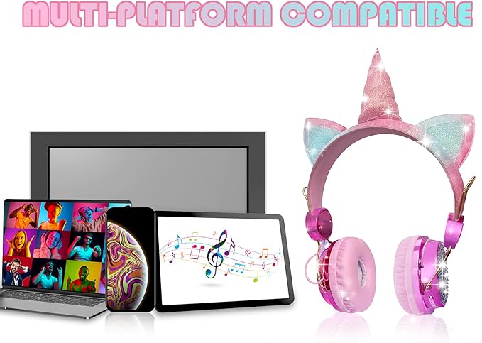 SVYHUOK Cat Ear Wireless Headphones for Kids with Mic, Bluetooth Over Ear Headset for School Cellphone Smartphones Laptop PC,FM&85db Volume liminted&LED Light,Wired Headset for School Home (Good)