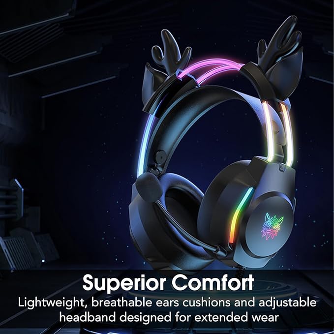 Gaming Headset with Microphone, Deer Ears Headphones for PC Laptop PS4 PS5 Xbox Switch, Rainbow RGB Lighting & Virtual Surround Sound, 3.5mm Over Ear Headphones, Ergonomic