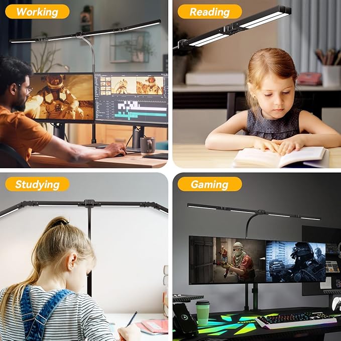 Adjustable LED Desk Lamp – Stepless Dimming & Color Temp Remote Control, Eye-Caring 4 Large Light Souce, Flexible Neck, Clamp, 5 Lighting Modes for Reading, Computer, DIY (Black)