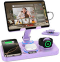 30W Charging Station for Apple Products, Foldable Wireless Charger with Clock Display&7 Color Light, Wired Charging for iPad/Tablet Charging Station for iPhone17, for Apple Watch11 for AirPods4(Purple
