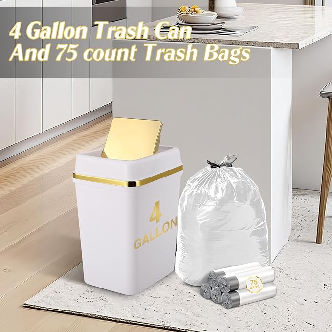 3 Pack Bathroom Trash Can with Lid 4 Gallon Small Trash Can with Swing Lid White and Gold Bathroom Garbage Can with 225 Counts Trash Bags for Kitchen Bedroom Office
