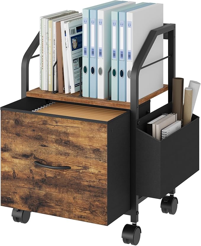 MAHANCRIS Small File Cabinet, Rolling Filing Cabinet for Under Desk with Divider, Single Non-Woven Fabric Drawer File Organizer for A4/Letter Size Documents, Under Desk Storage, Rustic Brown FCHR3001