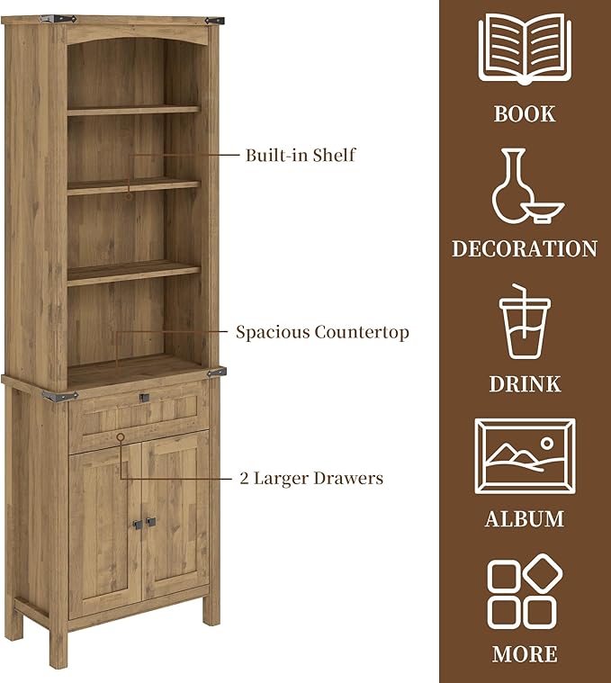 Farmhouse Lateral File Cabinet 2 Drawer and 71" Tall Bookcases Sets, 46" Filing Cabinets with Power Outlets & Storage Shelf, 3 Pcs Home Office Furniture Set (Light Brown, 46" F.C.+B.C.x2)