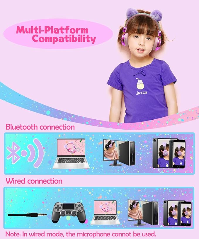 SVYHUOK Cat Ear Wireless Headphones for Kids with Mic, Bluetooth Over Ear Headset for School Cellphone Smartphones Laptop PC LED Light,Wired Headset for School Home (Violet Ball)