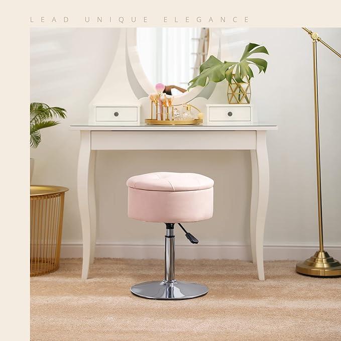 LUE BONA 360°Swivel Vanity Stool Chair for Makeup Room, Height Adjustable Stool for Vanity with Storage, Small Pink Faux Leather for Bathroom, Living Room