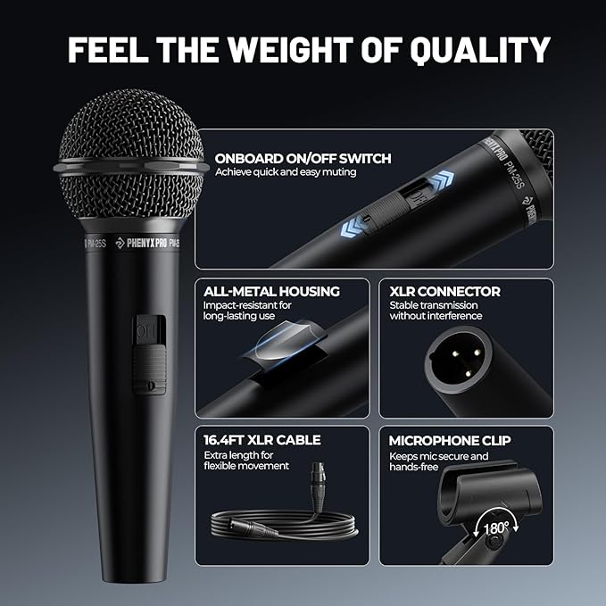 Phenyx Pro Dynamic Vocal Microphone, Cardioid Microphone with ON/Off Switch, 16.4 ft XLR Cable, Mic Clip, Storage Bag, Wired Handheld Mic for Singing, Stage, Studio, Karaoke (PM-25S)