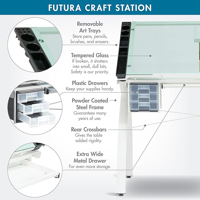 SD Studio Designs Futura Craft & Drawing Table with Adjustable Tempered Safety Glass Top – Modern Art Desk with Storage Drawers, Pencil Ledge, Matte Ivory/Sea Green Glass
