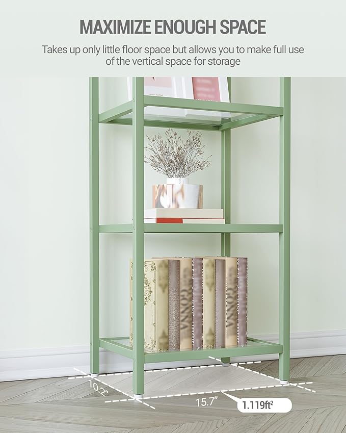 Hzuaneri Bookcase Bookshelf, Tempered Glass Bookshelves, Slim Shelving Unit for Bedroom, Bathroom, Home Office, Steel Frame, 5 Tier Green BC05099C