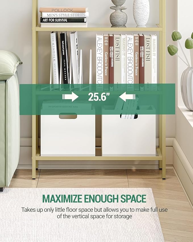 Hzuaneri Bookcase Bookshelf, Tempered Glass Arched Bookshelf for More Storage, Slim Shelving Unit for Bedroom, Bathroom, Home Office, Steel Frame, Wide 6 Tier Gold BC22699G