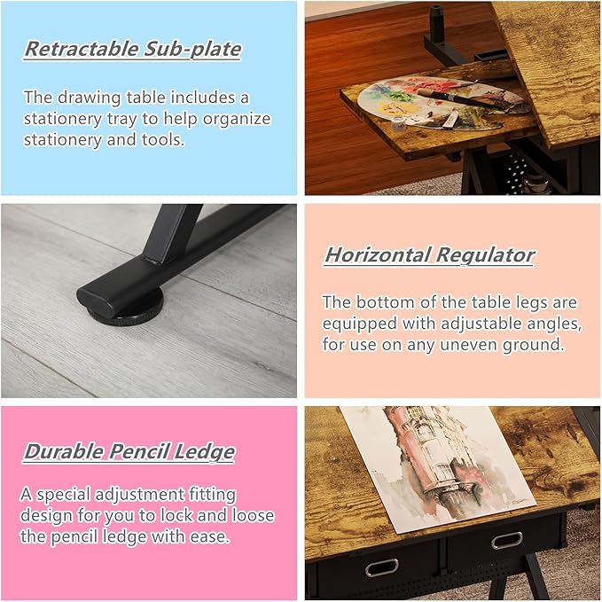 Drafting Table with Stool, Height Adjustable Drawing Table Art Table Painting Table Art Craft Desk with 0-75° Tilting Tabletop and Storage Drawers, Rustic