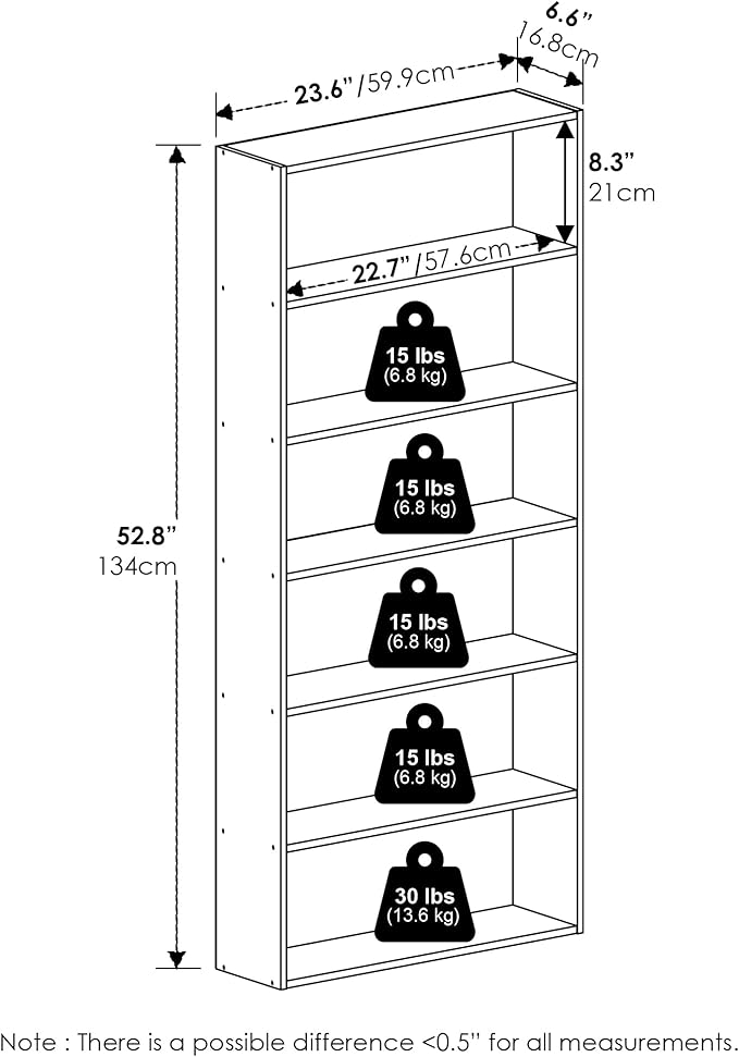 Furinno Basic Book Shelf, 6-Tier Bookcase with Open Shelf, Bookshelf, Cube Storage Organizer, 7 x 24 x 53, for Living Room, Bedroom, Home Office, Espresso
