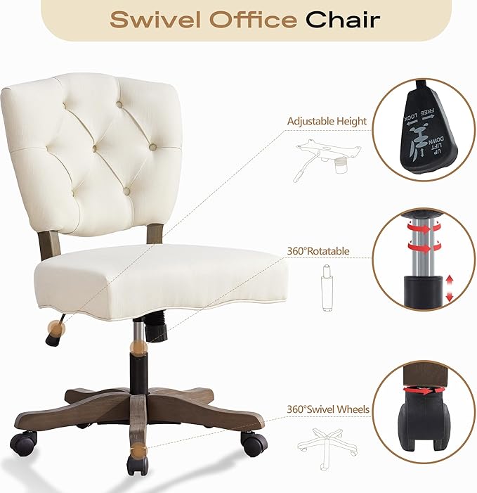 HUIMO Upholstered Swivel Desk Chair Chenille Tufted Fabric Home Office Chair with Wheels Adjustable Height Classic Task Chair with Wooden Legs Comfortable Armless Chair for Studio Study (Cream)