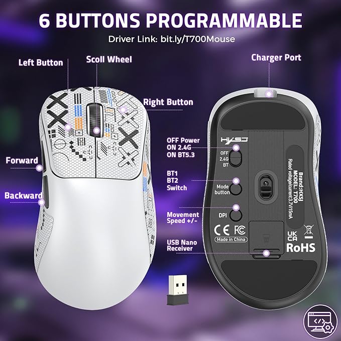 ZIYOU LANG × HXSJ T700 Wireless Gaming Mouse,Adjustable 10K DPI 1K Optical Sensor,2.4G/BT/USB-C 6 Programmed Buttons,56g Lightweight Right-Handed Ergonomic Computer Mice for PC/Mac-White&Griptape
