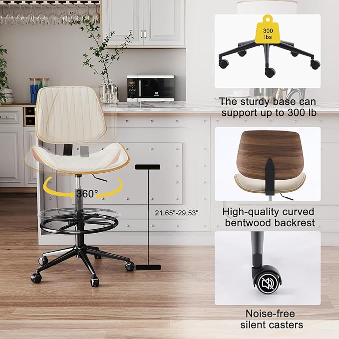 Drafting Home Office Chair, Swivel Desk Chair with Bend Wood Backrest, Ergonomic Office Chairs with Adjustable Height and Footrest Ring for Bar Lab Counter Height Desk and Drawing (Ivory)