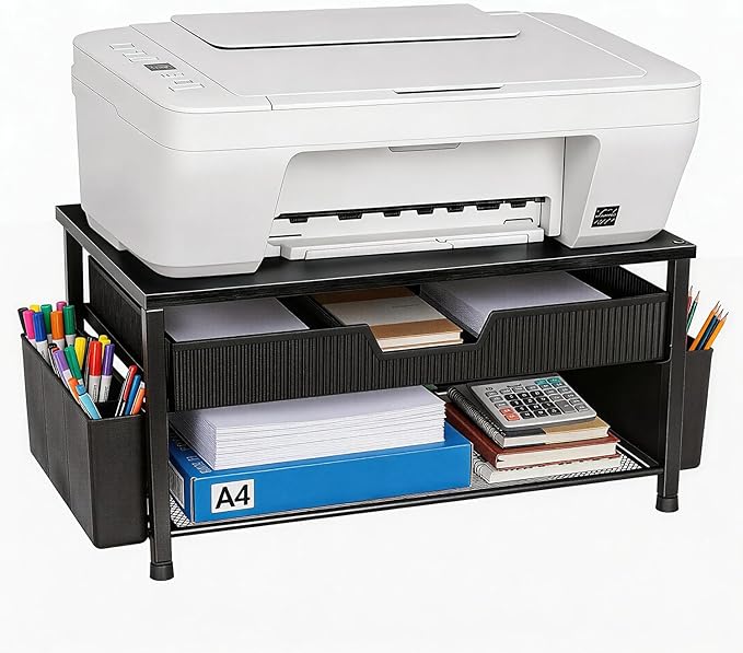 Printer Stand for Desk with Storage, Desk Organizer with Drawer and Pen Holder, Printer Table for Home Office, Multi-Purpose for Home Printer, Fax Machine, Scanner, Die-Cut Machine (Black)