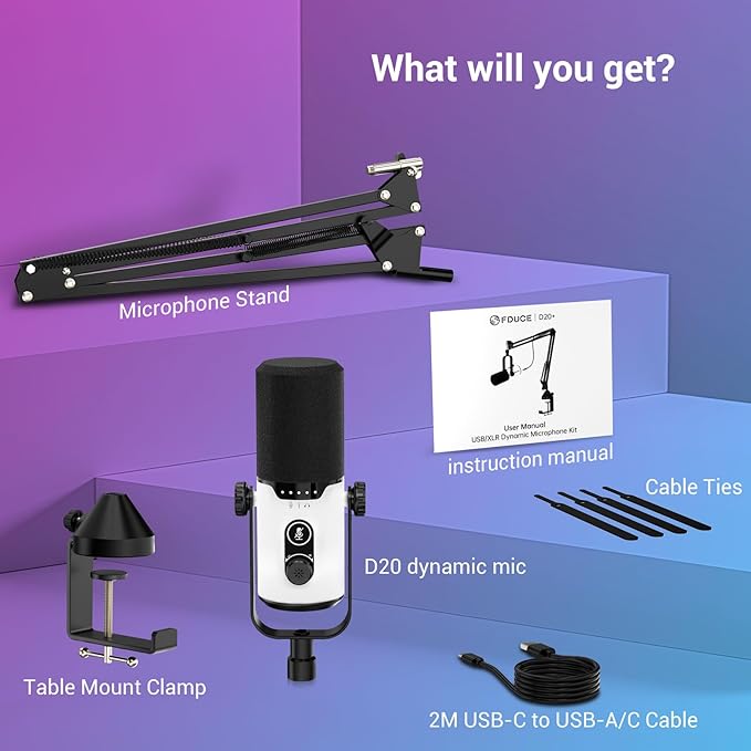 FDUCE Dynamic Gaming Microphone kit, USB/XLR Podcast Computer Microphone with Boom arm Stand, RGB Light, Mute Button and Headphone Jack, for Gamer Streaming Recording Studio YouTube Online Chat(D20+)