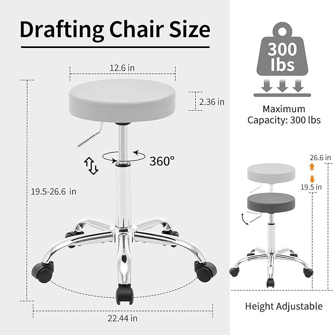 FIRAVOE Drafting Stool, Adjustable Office Chair 19.5"-26.6", Gray Work Stools with Wheels (Gray)