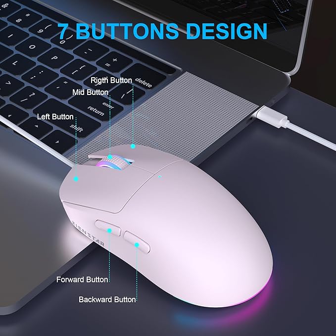HXMJ Wired USB C Gaming Mice,7200DPI,Corded Mouse with RGB Backlit for Apple MacBook,Tablets,Computer or Laptops with Type C Port-Pink