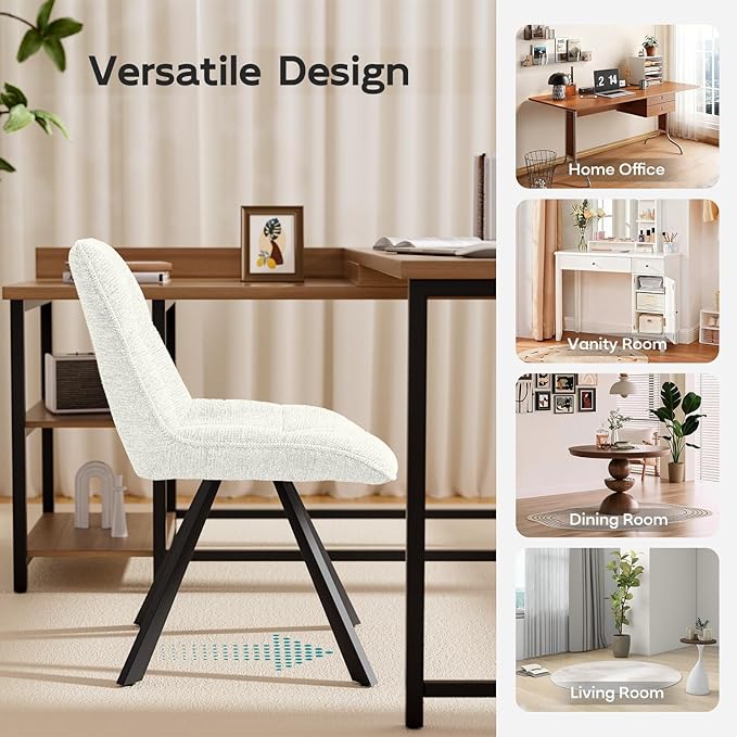 Small Desk Chair No Wheels, Swivel Velvet Vanity Chair No Arms, Armless Office Chair with Back and Metal Legs for Small Space, Bedroom, Home Office, Mid Century Modern, Cloud White