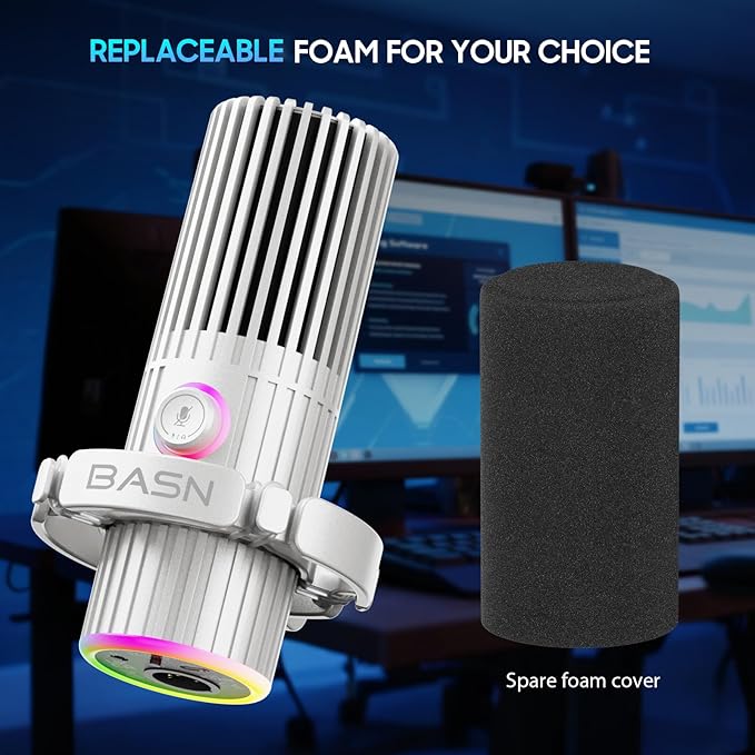 BASN USB/XLR Dynamic Microphone, Live Streaming, Gaming Recording with Three-in-One Mute Button,RGB Lighting and MIC Stand for PC (White) SL2000