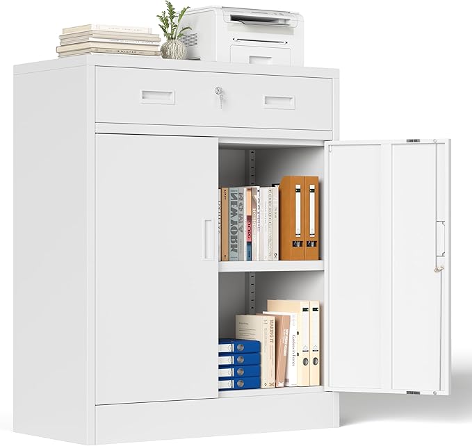Metal Storage Cabinet with 1 Drawer, 36" H Locking Storage Cabinet, Metal Cabinets with Doors and Shelves for Home, School, Office, Garage, White