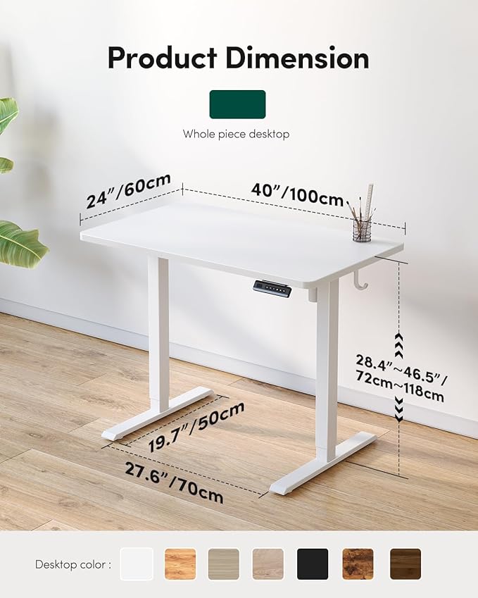CubiCubi 40 x 24 Small One-Piece Standing Desk, Adjustable Height Electric Computer Sit Stand up Home Office Workstation, with 4 Memory Presets, Headphone Hook, White