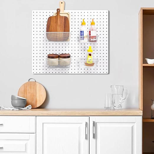 Sieral 4 Pcs Pegboard Baskets Metal Wire Shelf Baskets Peg Board Organizer Accessories Wall Mount Organizer Attachments for Garage Workbench Various Tool Accessories, 2 Sizes (White,Small, Medium)