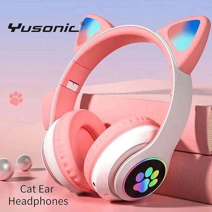 Cat Ear Bluetooth Headphones for Kids & Adults, Wireless Foldable & Wired Multi-Function LED Light Up Over Ear Headphones with Mic and Volume Control for iPhone/iPad/Laptop/PC (White 2)