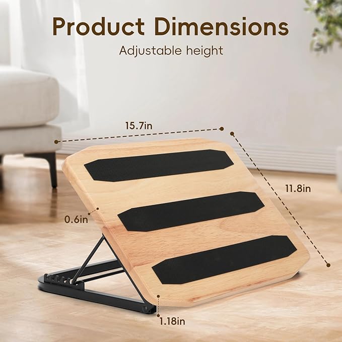 Foot Rest for Under Desk at Work-Adjustable Ergonomic Under Desk Foot Rest- 7 Adjustable Angles Wood Desk Footrest, Under Desk Foot Rest for Office Leg Rest - Natural-with Blue Cushions