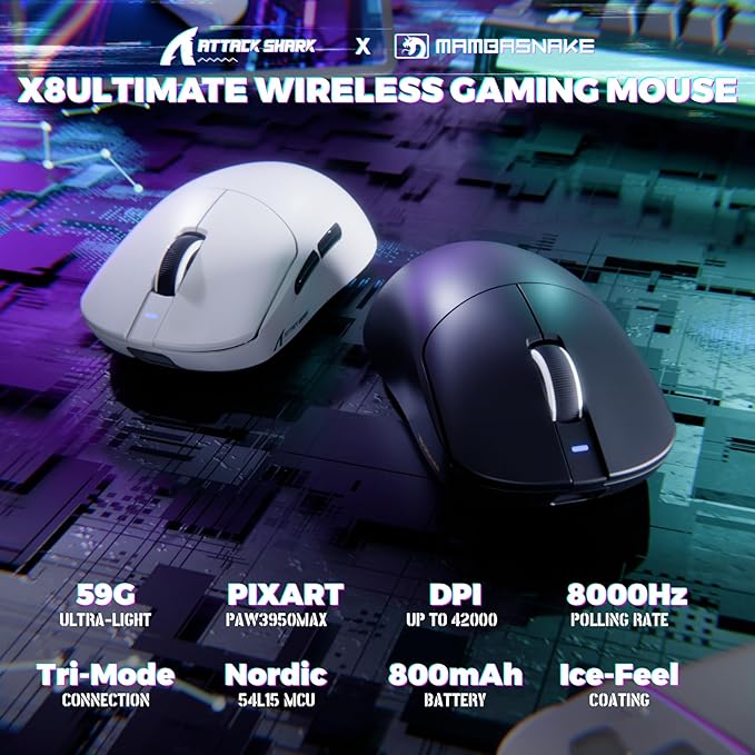 ATTACK SHARK X8 Ultimate Wireless Gaming Mouse,55g Ultra-Lightweight BT/2.4GHz Wireless/Wired Mouse,8K Polling Rate,PixArt PAW3950MAX Sensor,42000 DPI,800mAh Battery,Gamer Mice for PC/Win/Mac(Black)