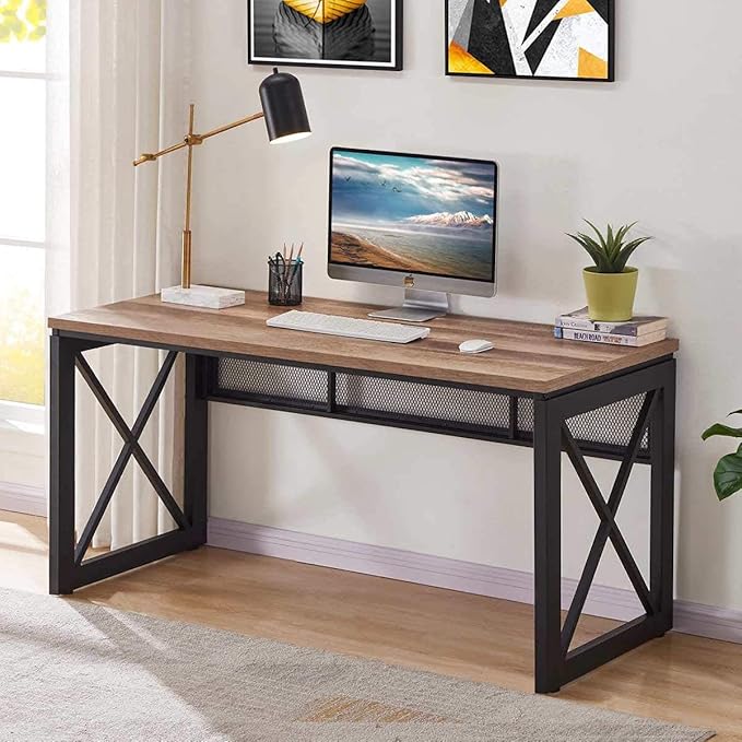 BON AUGURE Computer Desk for Home Office, Sturdy Office Desk, Wide Wood Metal Writing Table, Farmhouse Industrial Gaming Desks (60 Inch, Vintage Oak)
