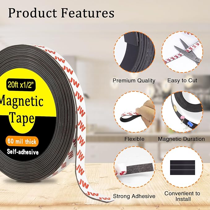 Value Pack 20FT Magnetic Tape with Adhesive Backing,Wide 1/2" Magnet Tape Strips for Creative People
