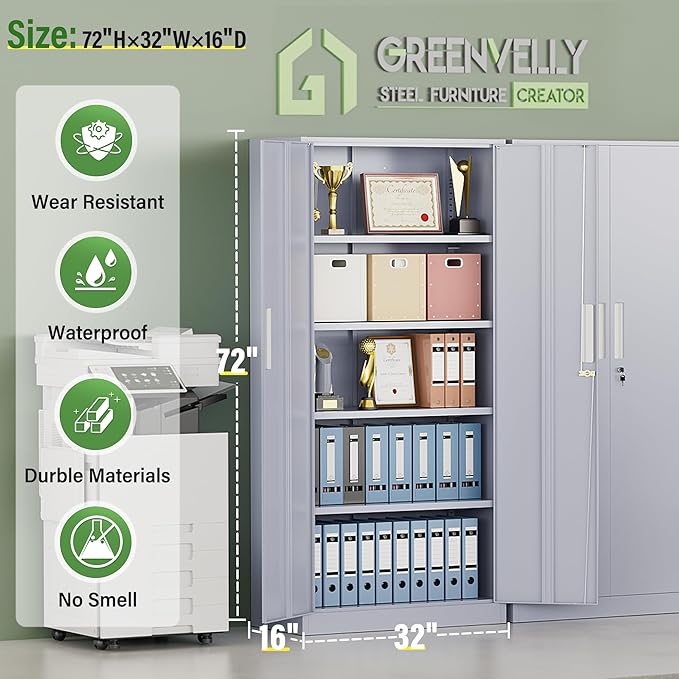 Greenvelly Metal Storage Cabinet,Dark Gray Steel Garage Cabinet with Doors and Adjustable Shelves, Metal Cabinet with Lock,Garage Cabinets and Storage System for Garage,Home Office,School
