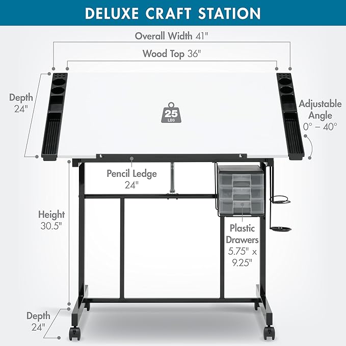 Studio Designs Deluxe Craft Station, Top Adjustable Drafting Table Craft Table Drawing Desk Hobby Table Writing Desk Studio Desk with Drawers, 36''W x 24''D, Black/White