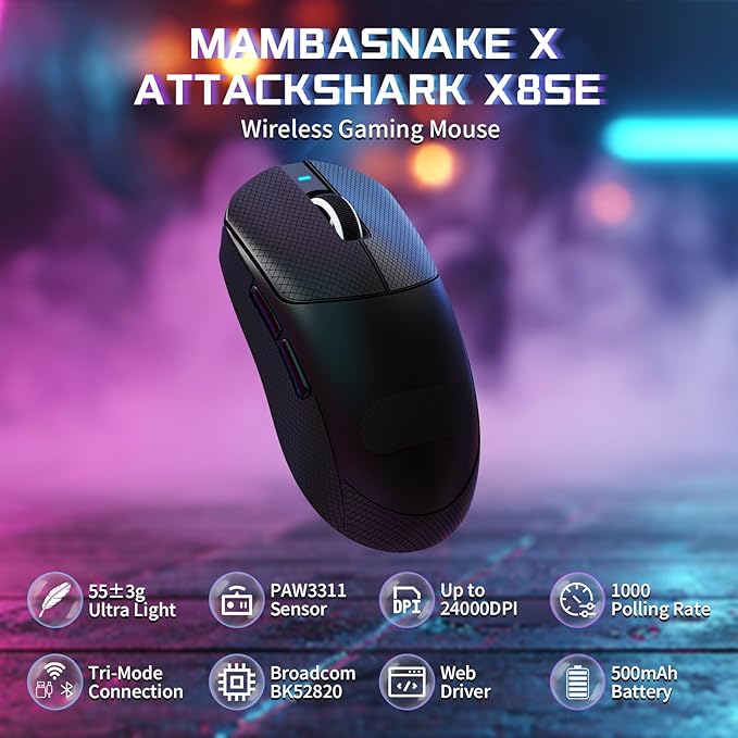 ATTACK SHARK X8SE Wireless Gaming Mouse,Adjustable 25K DPI PAW3311 Optical Sensor,Ergonomic 59g Lightweight,Triple Modes 2.4G/BT/USB-C,500mAH Battery,5 Programmable Buttons for PC/Mac-Black&Griptape
