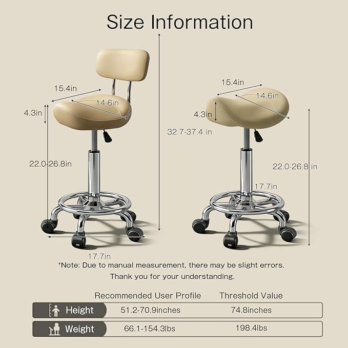 Saddle Stool, Adjustable Height Ergonomic Swivel Chair with Wheels, PU Leather Saddle Seat with Ring Pedal for Salon, Massage, Clinic, Lab, and Office