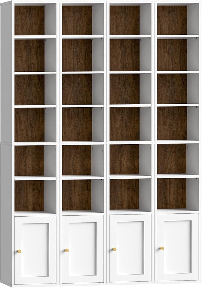 RALGEND 7-Tier Tall Narrow Bookshelf with Door Set of 4, 70.9 Inches CD DVD Slim Media Tower Rack with Storage Cabinet, Adjustable Shelves, Skinny Bookshelf Display Bookcase, White and Walnut