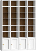 RALGEND 7-Tier Tall Narrow Bookshelf with Door Set of 4, 70.9 Inches CD DVD Slim Media Tower Rack with Storage Cabinet, Adjustable Shelves, Skinny Bookshelf Display Bookcase, White and Walnut