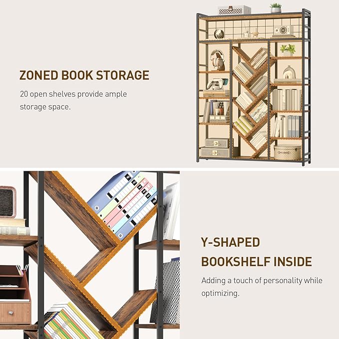 RALGEND Triple 7-Tier Bookshelf, Industrial Large Bookcase with 20 Open Display Shelves, Modern Tree Bookcase with Metal Frame and Hanging Function for Living Room, Home Office, Rustic Brown and Black