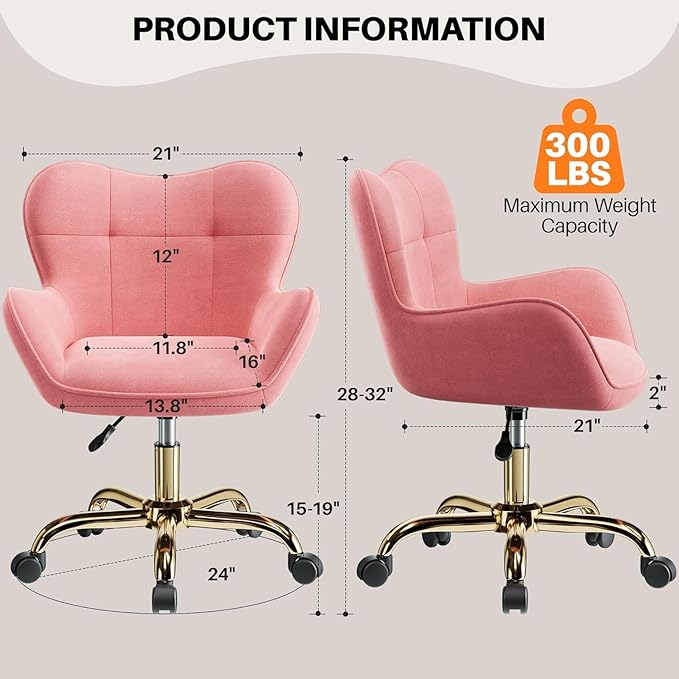 Vanity Chair with Wheels, Cute Home Office Desk Chairs Adjustable Height for Living Bedroom, Small Modern Fluffy Velvet Makeup Chair with Back for Girls (Pink)