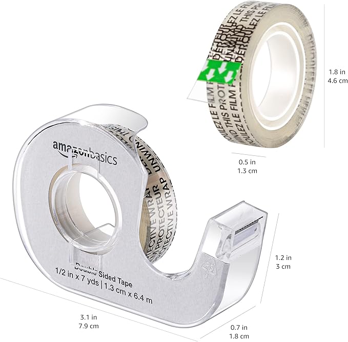 Amazon Basics Double Sided Permanent Tape with Dispenser, Narrow Width, 1/2 x 252 inches, Translucent, 3-Pack