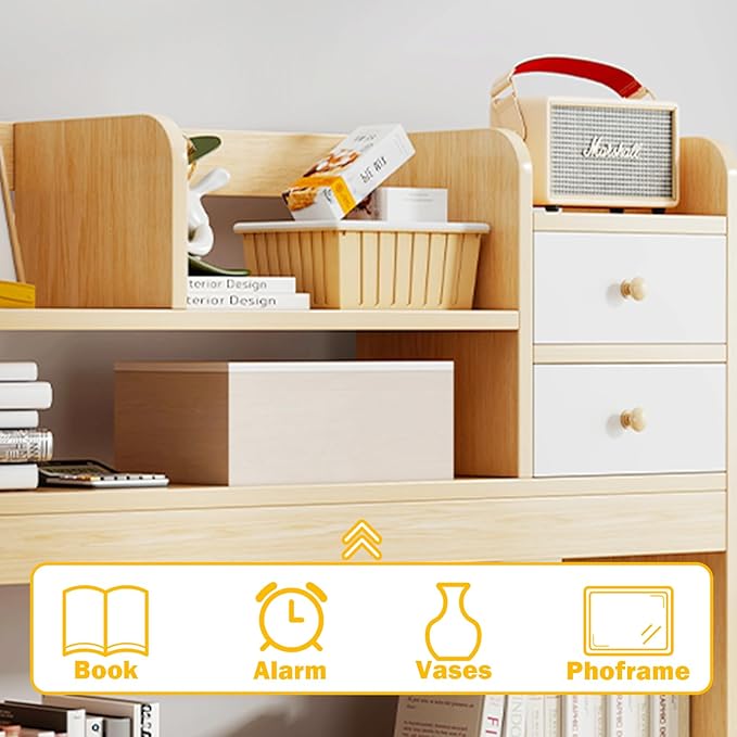 Desktop Bookshelf,Countertop Storage Hutch with 4 Shelves for Dorm Office Home,Wooden Hutch Bookshelf,Computer Bookcase 36.6in (Wood Color)