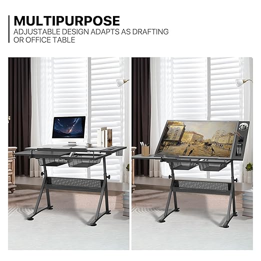 MoNiBloom Adjustable Height Drafting Table with Stool, Modern Style, Tough Glass Top, 28-36 in Length, 19 in Width, 30 in Height, Ideal for Artists, Designers, Office, Studio