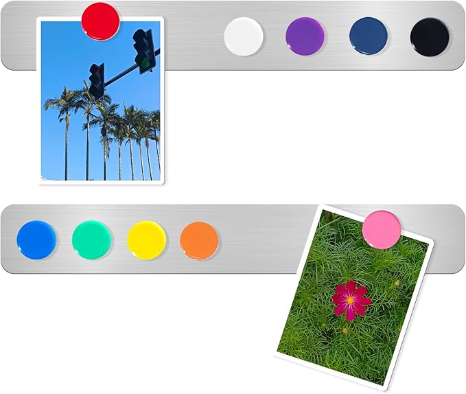 Magnetic Board Strips, 2PCS Frameless Stainless Steel Metal Magnet Bulletin Board Bars with Adhesive Backing, Includes 10 Colorful Magnets, Memo Message Board Strip for Wall Home Office School