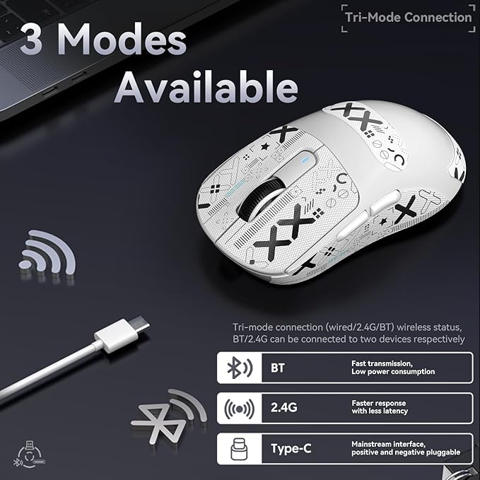MAMBASNAKE Attack Shark X3 Wireless Gaming Mouse, 49g Ultralight, PixArt PAW3395 26000 DPI, Bluetooth/2.4Ghz /Wired Tri-Mode, 200Hrs Rechargeable Battery, Kailh GM8.0 Switch for PC/MAC/Win-White&Tape