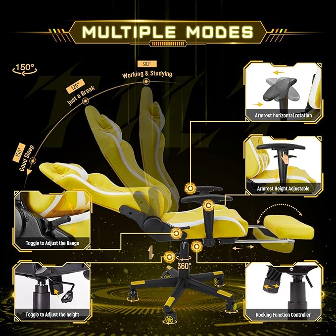 AA Products Gaming Chair - High Back Ergonomic Racing Chair with Footrest, Lumbar Support & Swivel - YellowWhite