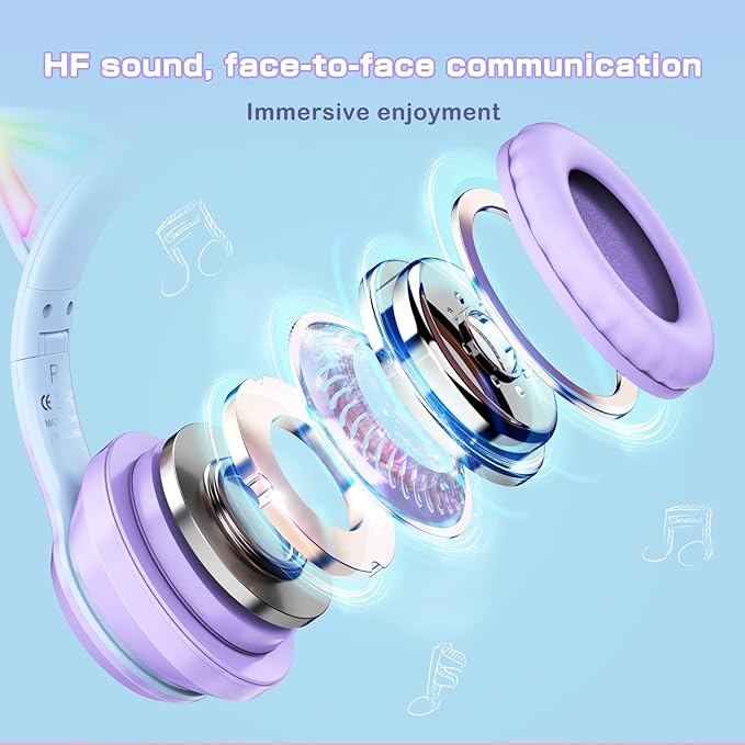 Bluetooth Cat Ear Headphones for Kids & Adults, Wireless & Wired Mode Foldable Headset with Mic - Clear Sound Quality - RGB LED Light, for Girls School Gaming, for Phone/Laptop/PC/Tablet, Purple