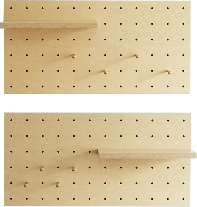 Pegboard Wall Organizer, 2 Pack Large Peg Board with Shelves & Brass Hooks, Modular DIY Storage Panel for Entryway, Craft Room - Heavy Duty Display Board for Hats, Keys—Birch Color Finish