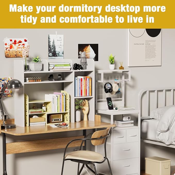 YGYQZ Desktop Bookshelf, White Desk Hutch with 6 Shelves for Computer Desk, Multipurpose Wood Desk Shelf Storage Organizer for Dorm Office Home