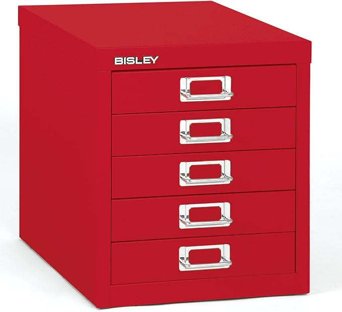 Bisley 5-Drawer Steel MultiDrawer Cabinet - Cardinal Red, Chrome Pull Handles with Label Holders, Powder-Coated Steel, Removable Drawers, Desktop Storage, Labels Included